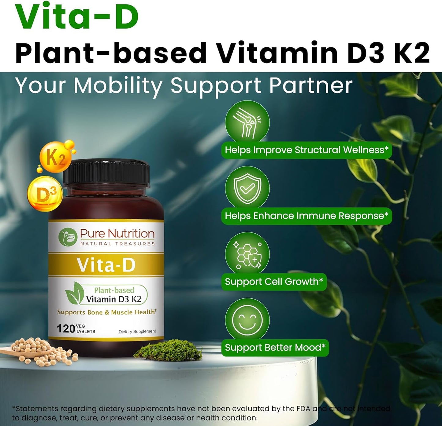 Plant-Based Vitamin D3 K2 Supplement | Pure Nutrition Vita D3 K2 | 120 Tablets | Vitamin D3 6000 IU | Vitamin K2 MK7 100mcg | Non-GMO
