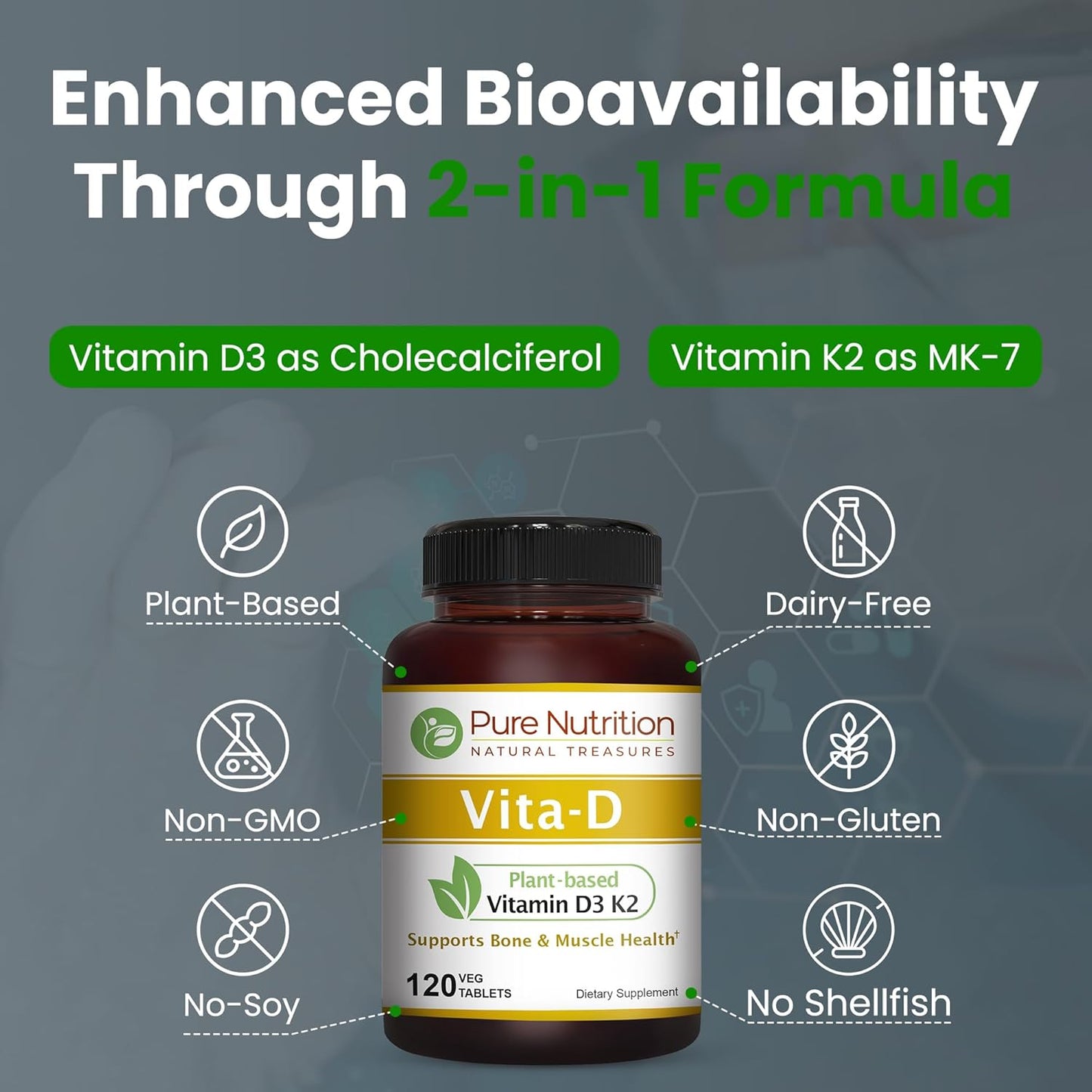 Plant-Based Vitamin D3 K2 Supplement | Pure Nutrition Vita D3 K2 | 120 Tablets | Vitamin D3 6000 IU | Vitamin K2 MK7 100mcg | Non-GMO