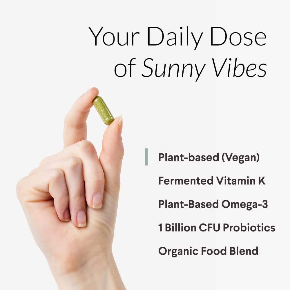 Plant Based Vitamin D3 K2 with Probiotics, Algal Omega 3 DHA, Organic Food Blend - Vegan Friendly - 30 ct - 1 Month Supply
