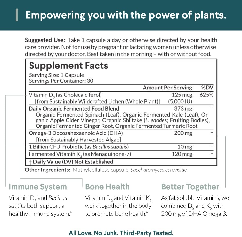 Plant Based Vitamin D3 K2 with Probiotics, Algal Omega 3 DHA, Organic Food Blend - Vegan Friendly - 30 ct - 1 Month Supply