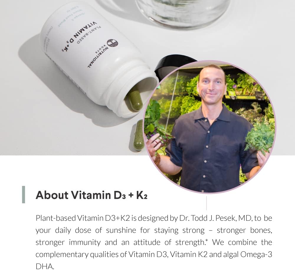 Plant Based Vitamin D3 K2 with Probiotics, Algal Omega 3 DHA, Organic Food Blend - Vegan Friendly - 30 ct - 1 Month Supply