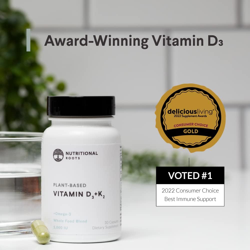 Plant Based Vitamin D3 K2 with Probiotics, Algal Omega 3 DHA, Organic Food Blend - Vegan Friendly - 30 ct - 1 Month Supply