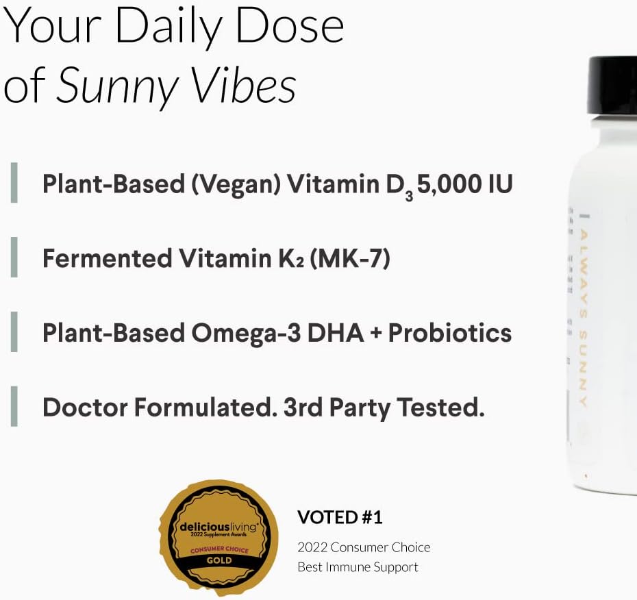 Plant Based Vitamin D3 K2 with Probiotics, Algal Omega 3 DHA, Organic Food Blend - Vegan Friendly - 30 ct - 1 Month Supply