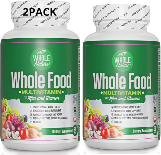 Plant Based Whole Food Multivitamin with Probiotics, Digestive Enzymes, and Omegas - Men and Women (2 Pack) | Whole Nature Superfood Vitamins - Non GMO Gluten Free