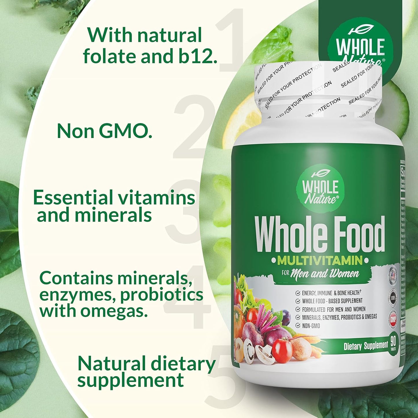 Plant Based Whole Food Multivitamin with Probiotics, Digestive Enzymes, and Omegas - Men and Women (2 Pack) | Whole Nature Superfood Vitamins - Non GMO Gluten Free