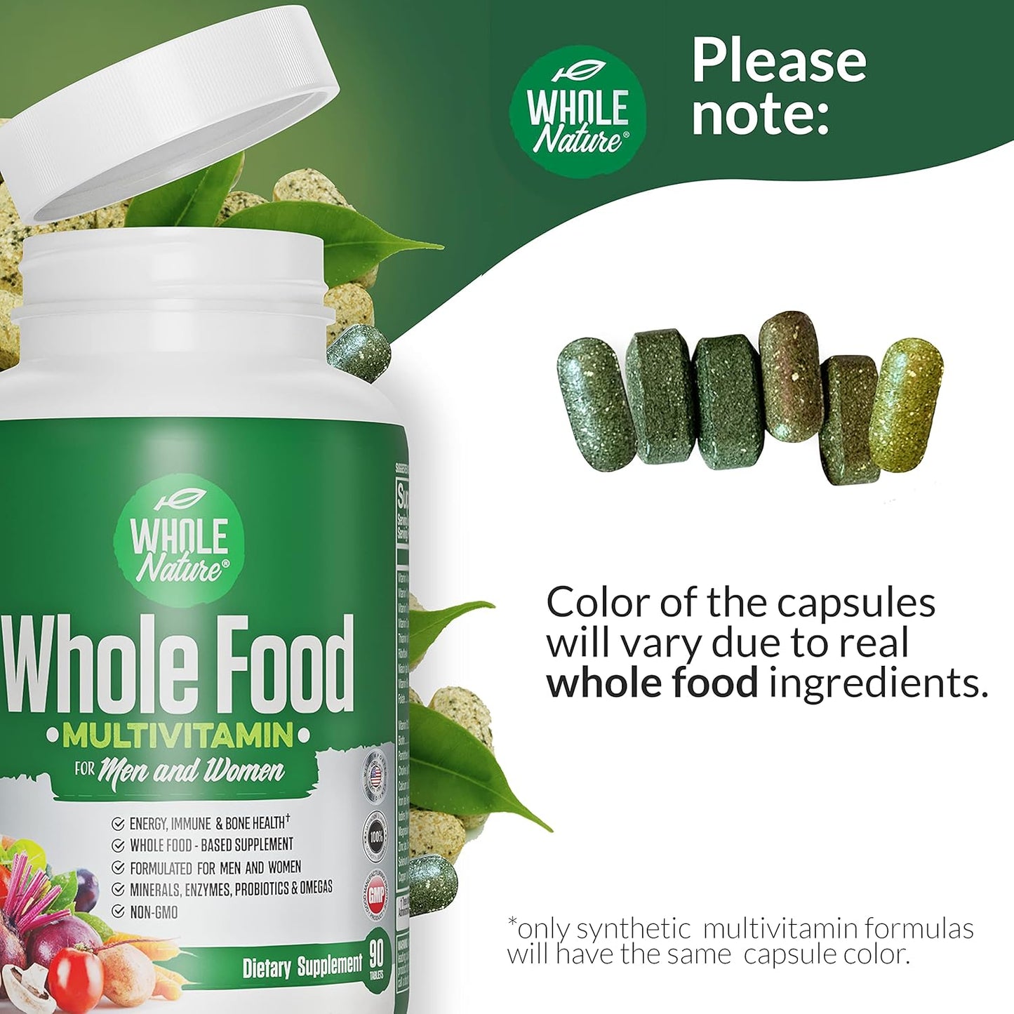 Plant Based Whole Food Multivitamin with Probiotics, Digestive Enzymes, and Omegas - Men and Women (2 Pack) | Whole Nature Superfood Vitamins - Non GMO Gluten Free