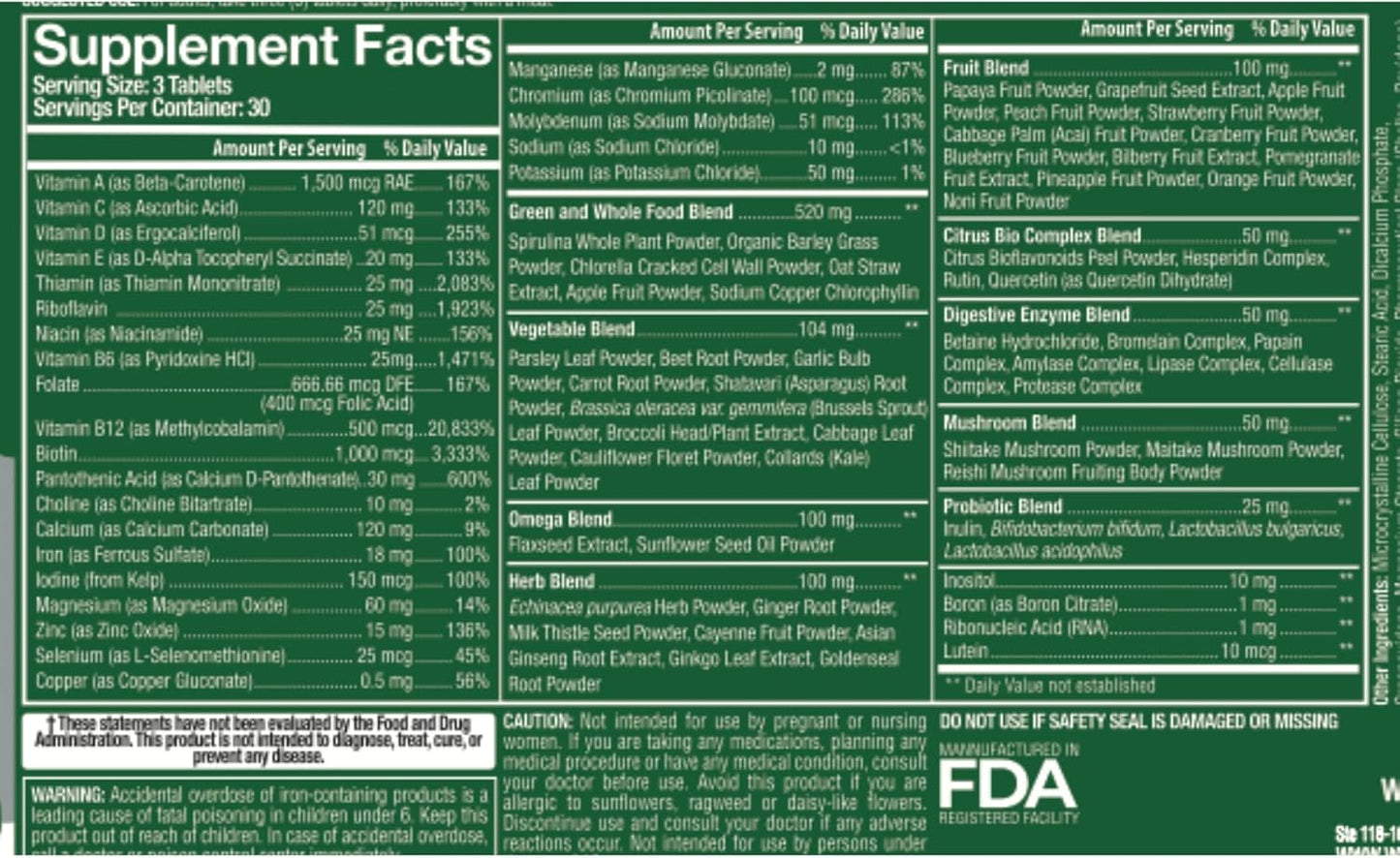 Plant Based Whole Food Multivitamin with Probiotics, Digestive Enzymes, and Omegas - Men and Women (2 Pack) | Whole Nature Superfood Vitamins - Non GMO Gluten Free