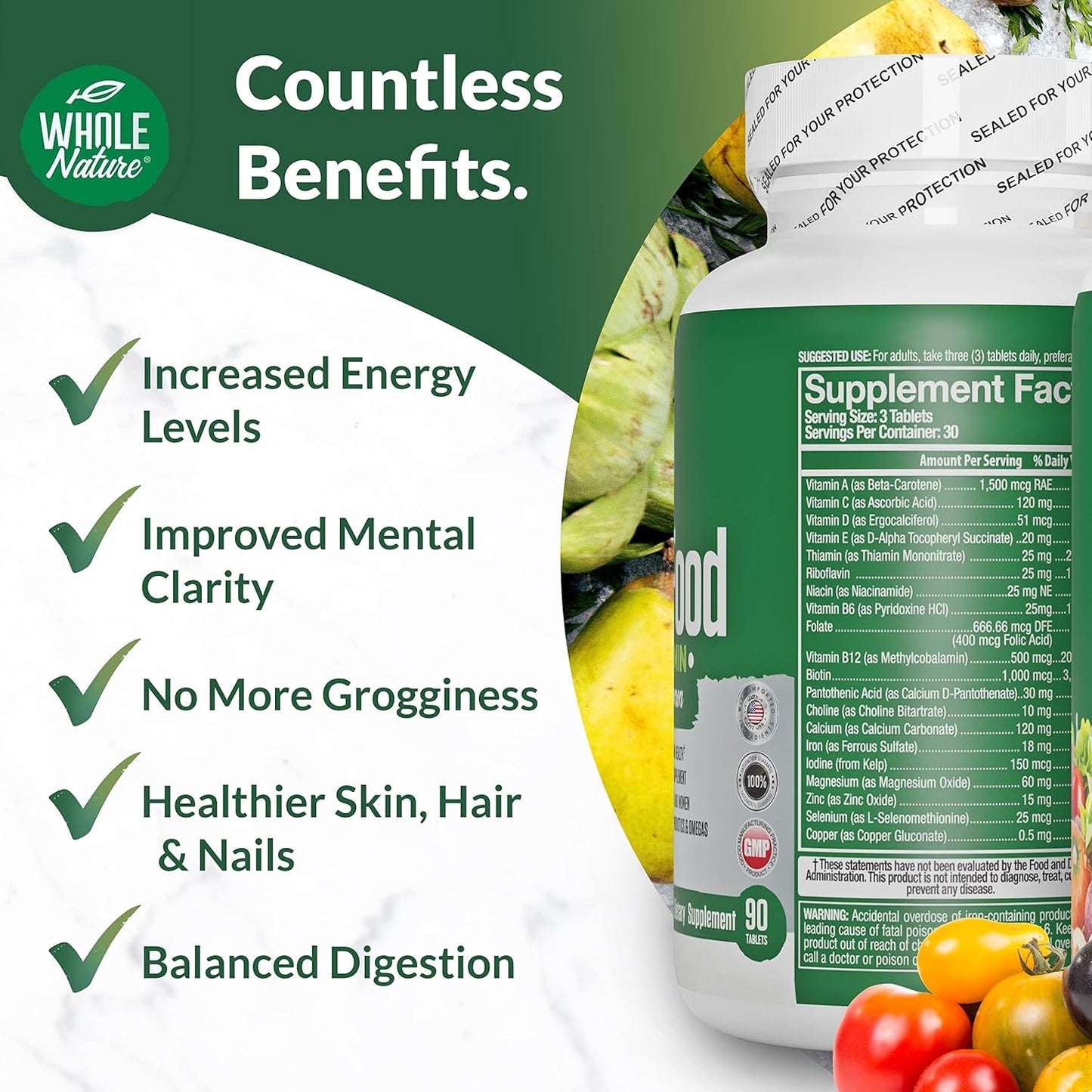 Plant Based Whole Food Multivitamin with Probiotics, Digestive Enzymes, and Omegas - Men and Women (2 Pack) | Whole Nature Superfood Vitamins - Non GMO Gluten Free