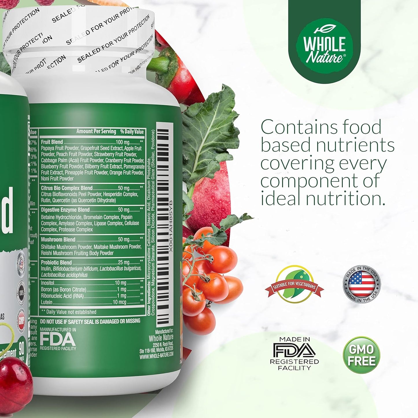 Plant Based Whole Food Multivitamin with Probiotics, Digestive Enzymes, and Omegas - Men and Women (2 Pack) | Whole Nature Superfood Vitamins - Non GMO Gluten Free