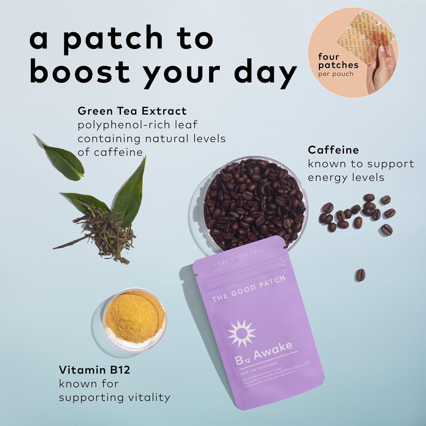 Plant Powered B12 Awake Patch with Caffeine & Green Tea Extract for Energy - 16 Patches