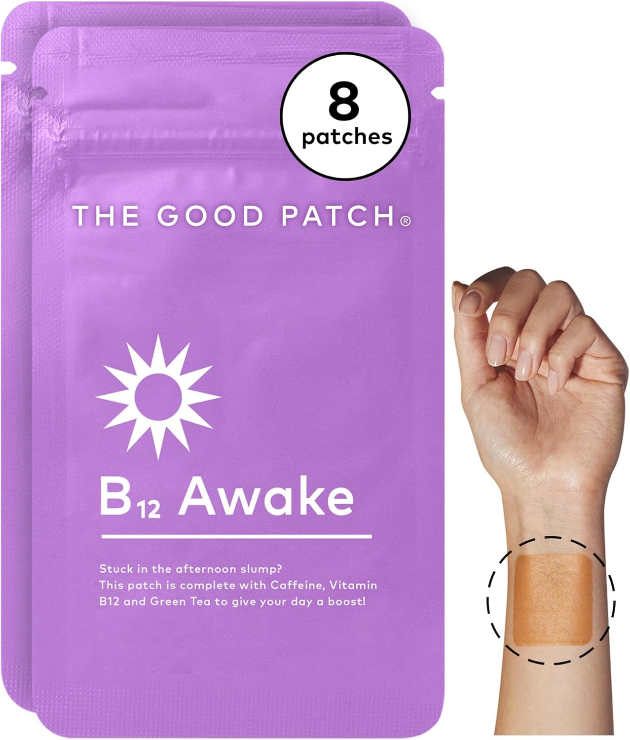 Plant-Powered B12 Awake Patches with Caffeine and Green Tea Extract for Energy Boost (Pack of 8)