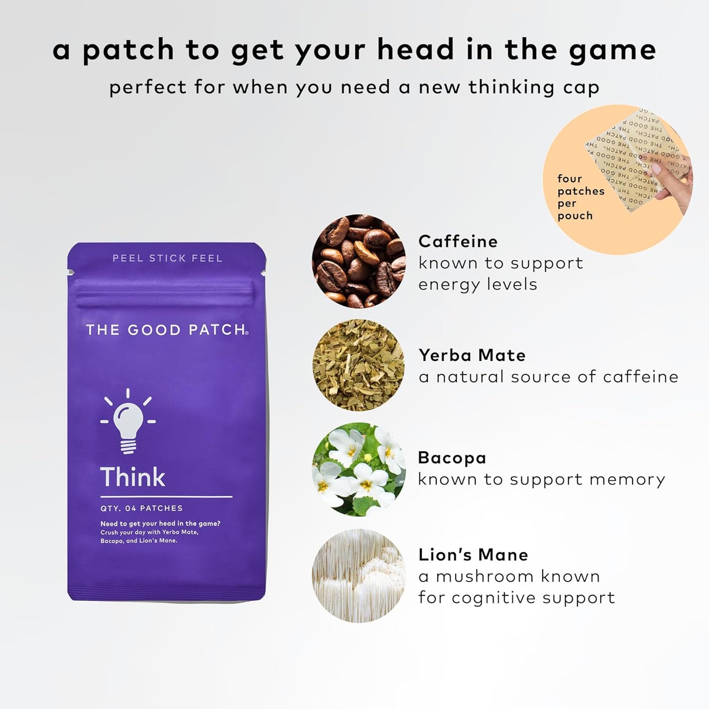 Plant-Powered Focus Patches with Caffeine, Yerba Mate, Bacopa, and Lion's Mane for Sustained Energy - 24 Total Patches