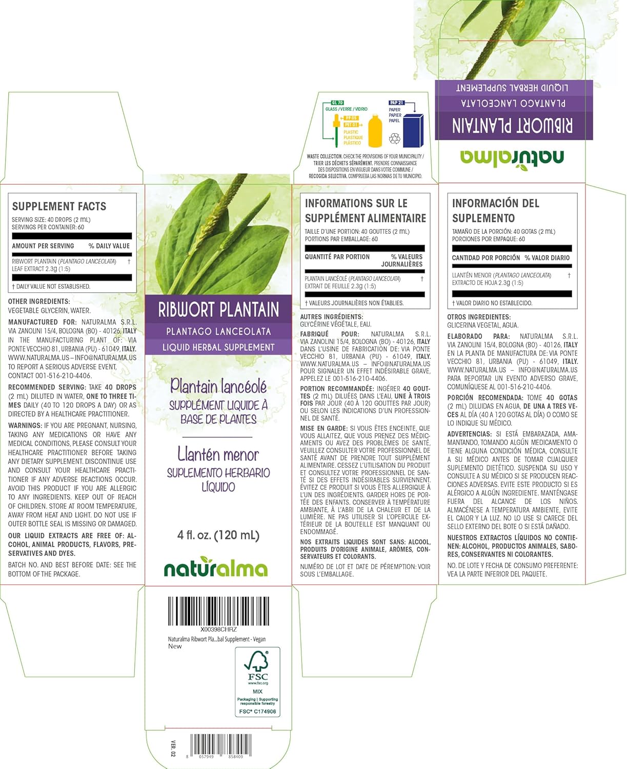 Plantago lanceolata Leaf Alcohol-Free Tincture - 4 fl oz Liquid Extract Drops - Herbal Supplement Vegan Friendly