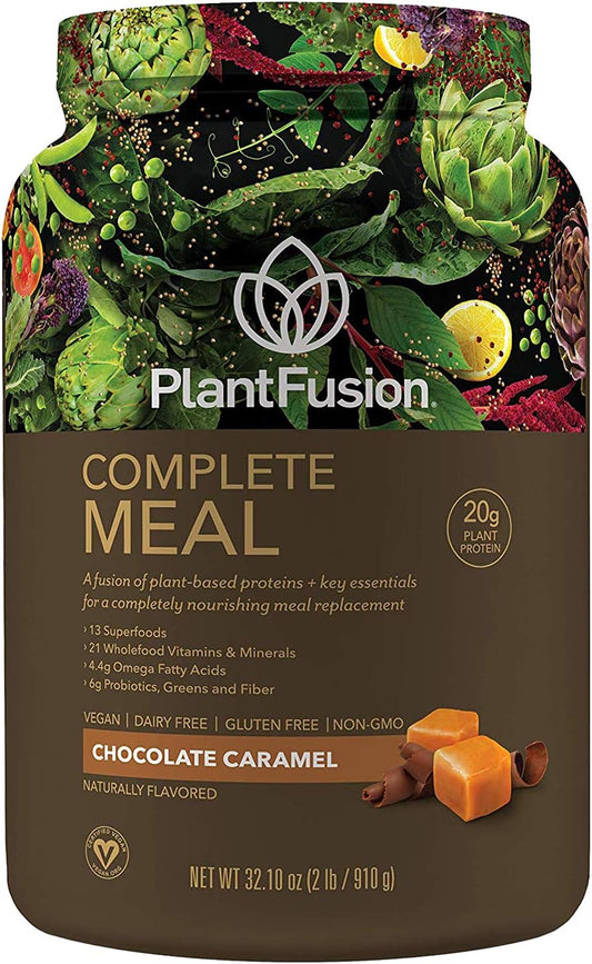 PlantFusion Complete Meal Replacement Shake - Chocolate Caramel Flavor - Plant Based Protein Powder with Superfoods, Greens, and Probiotics - Vegan, Gluten Free, Soy Free, Non-Dairy - Non-GMO - 2 lb