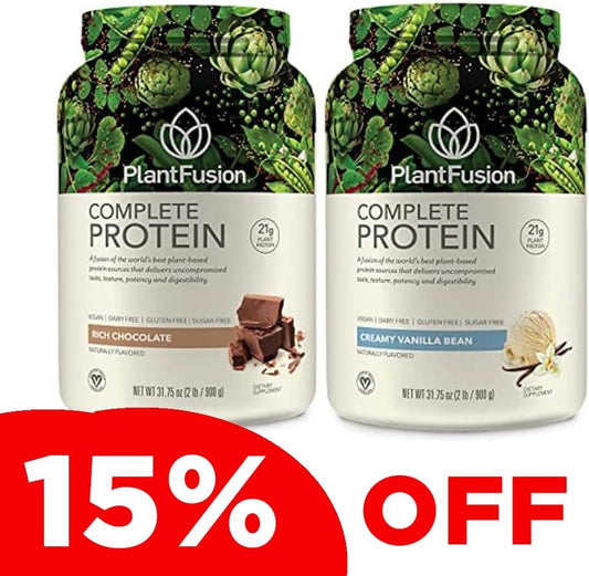 PlantFusion Complete Plant Based Pea Protein Powder Bundle - Non-GMO, Vegan, Dairy Free, Gluten Free, Soy Free - Vanilla Bean & Chocolate - 2 Pound - With Digestive Enzymes - Dietary Supplement