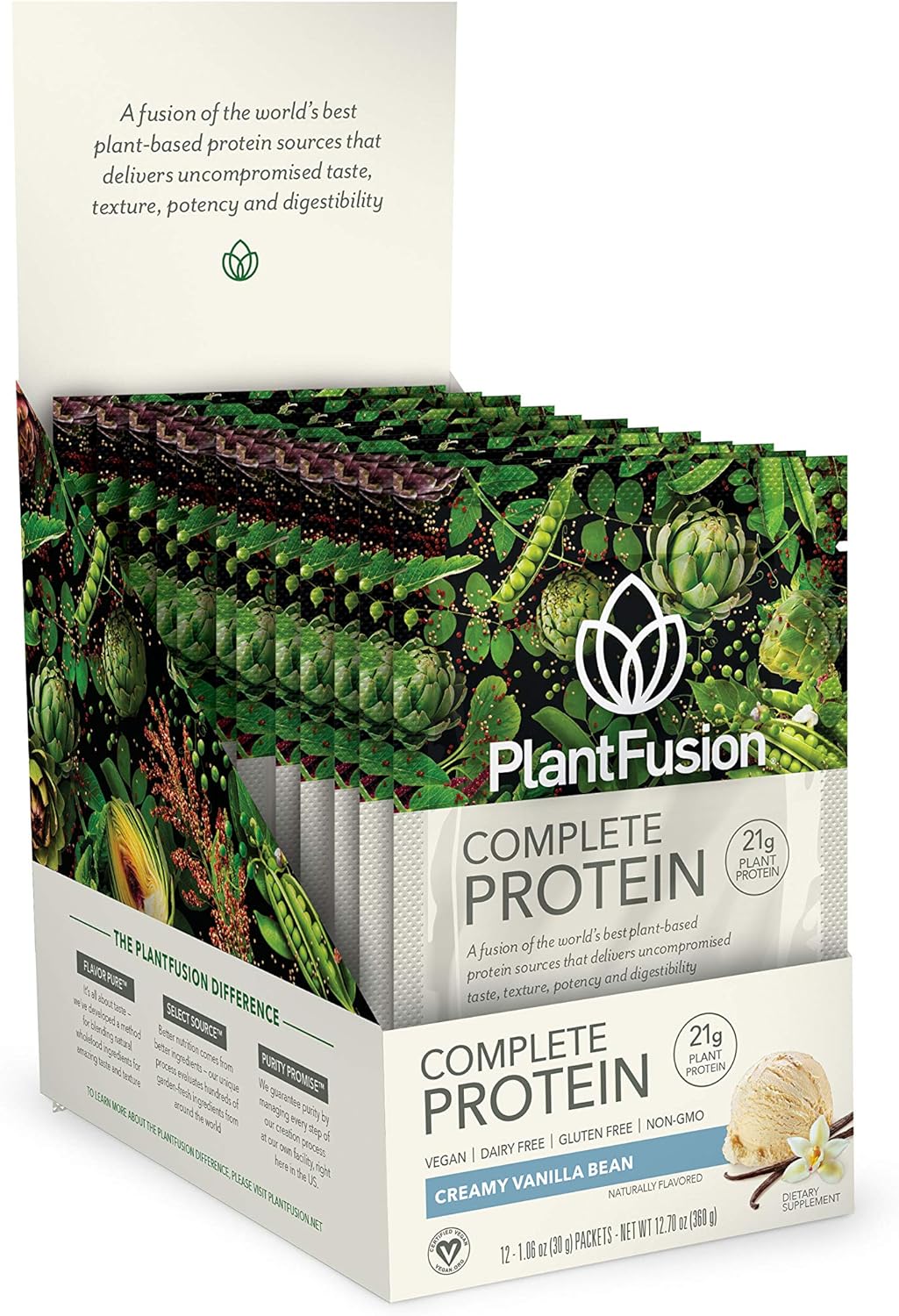 PlantFusion Complete Vegan Protein Powder Vanilla Pack of 12 - Plant Based with BCAAs, Digestive Enzymes, Pea Protein - Keto, Gluten Free, Soy Free, Non-Dairy, No Sugar, Non-GMO
