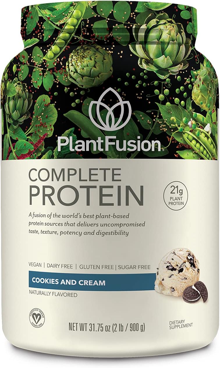 PlantFusion Cookies & Cream Vegan Protein Powder - Complete Plant-Based Protein with BCAAs, Digestive Enzymes - Keto, Gluten-Free, Non-Dairy - 2 lb