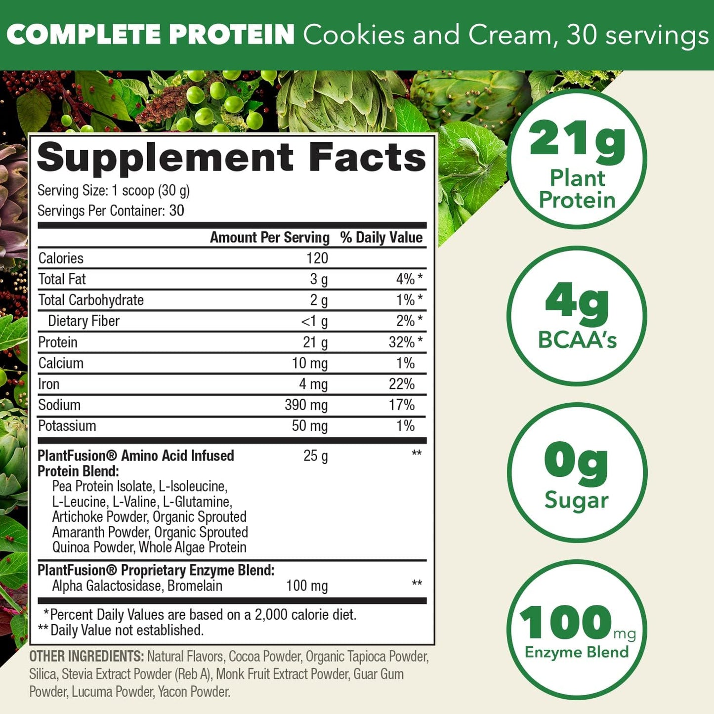 PlantFusion Cookies & Cream Vegan Protein Powder - Complete Plant-Based Protein with BCAAs, Digestive Enzymes - Keto, Gluten-Free, Non-Dairy - 2 lb