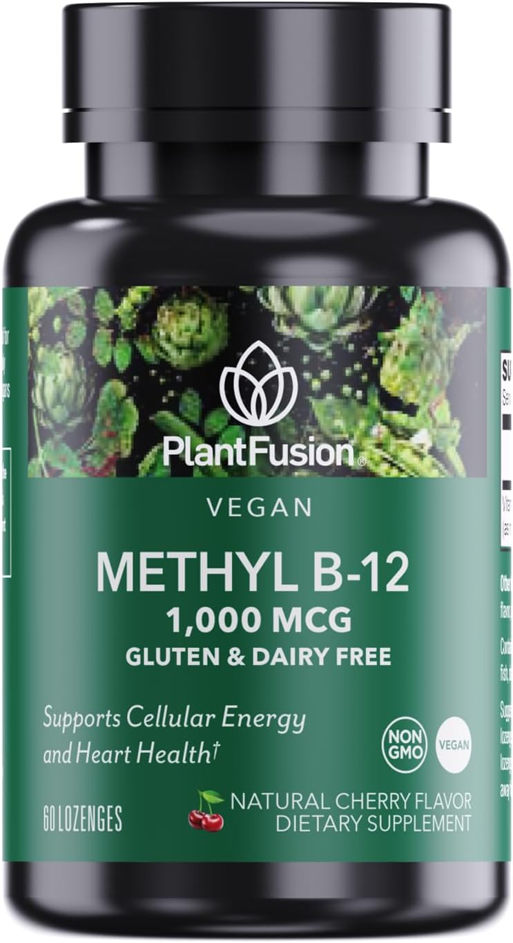 PlantFusion Methylcobalamin B12 Sublingual Vitamin Lozenges - 1000mcg Cherry Flavor - Non-GMO, Supports Cellular Energy, Heart & Nervous System - 60 Count