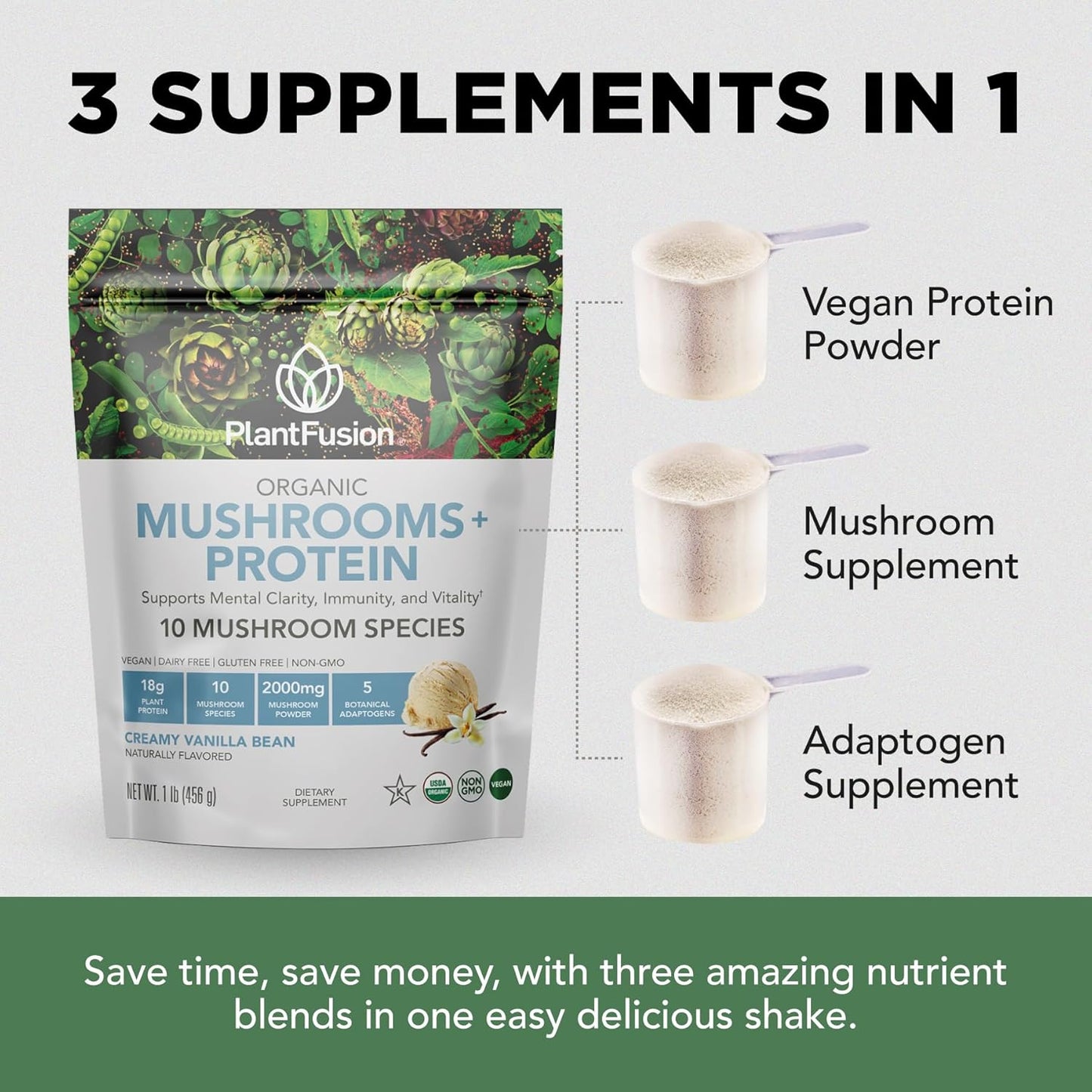 Plantfusion Mushroom Protein Powder - 3-in-1 Vegan Protein, Mushroom & Adaptogen Supplement for Mental Focus, Immunity & Recovery - Vanilla - 1lb