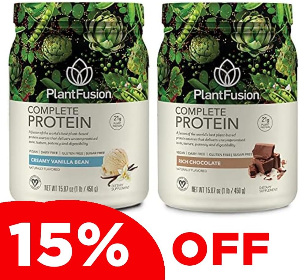 PlantFusion Pea Protein Powder Bundle - Vegan, Non-GMO, Dairy Free, Gluten Free, Soy Free - Vanilla Bean & Chocolate Flavor - 2 lbs with Digestive Enzymes