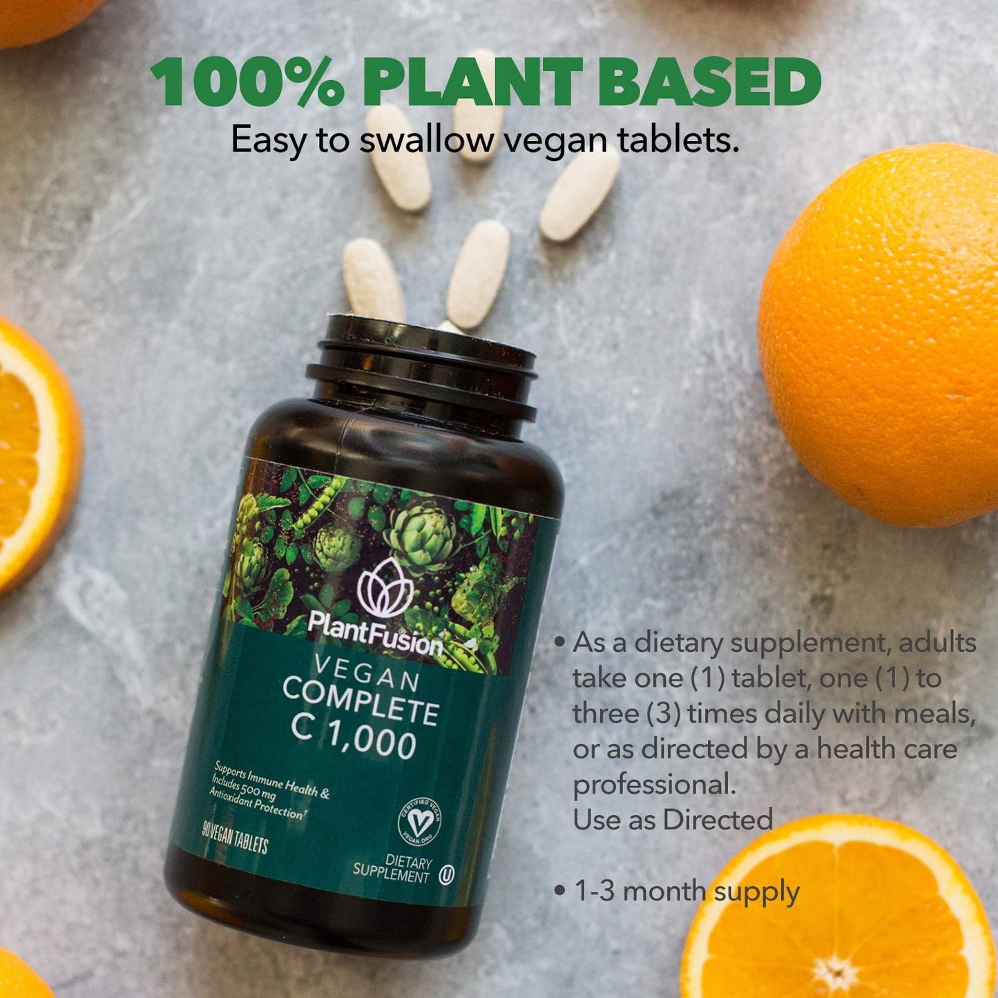 PlantFusion Vegan Vitamin C 1,000 with Rutin & Hesperidin | Immune Health Support | 90 Vegan Tablets | 500mg Bioflavonoid Complex