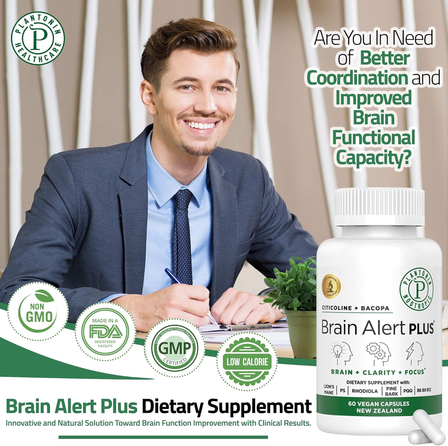 Plantonin Cognitive Boost with Citicoline and Bacopa Monnieri for Increased Mental Alertness