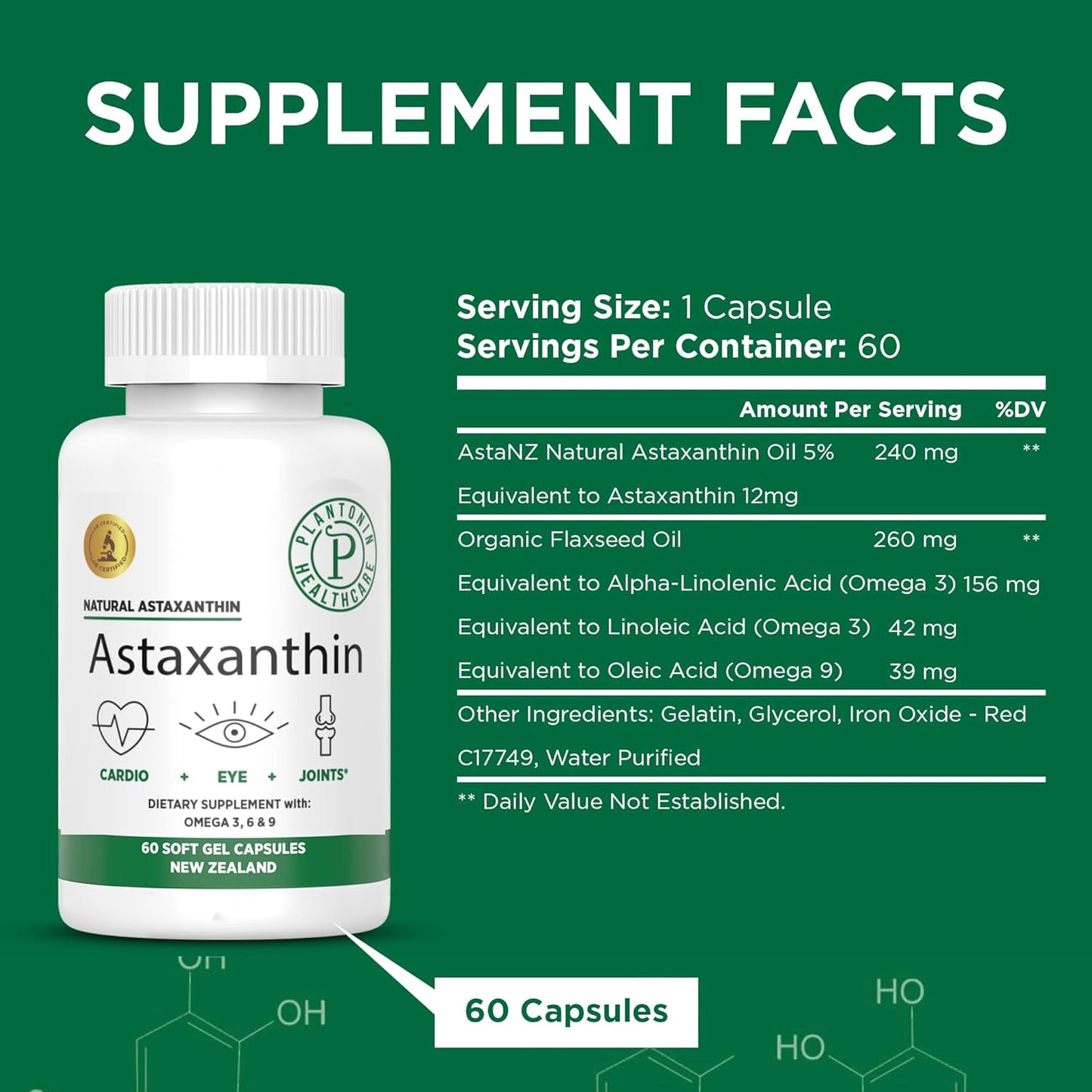 Plantonin New Zealand Astaxanthin 12mg Soft Gels - Antioxidant for Joint Mobility, Skin & Eye Health - GMO & Gluten Free - 60 Capsules