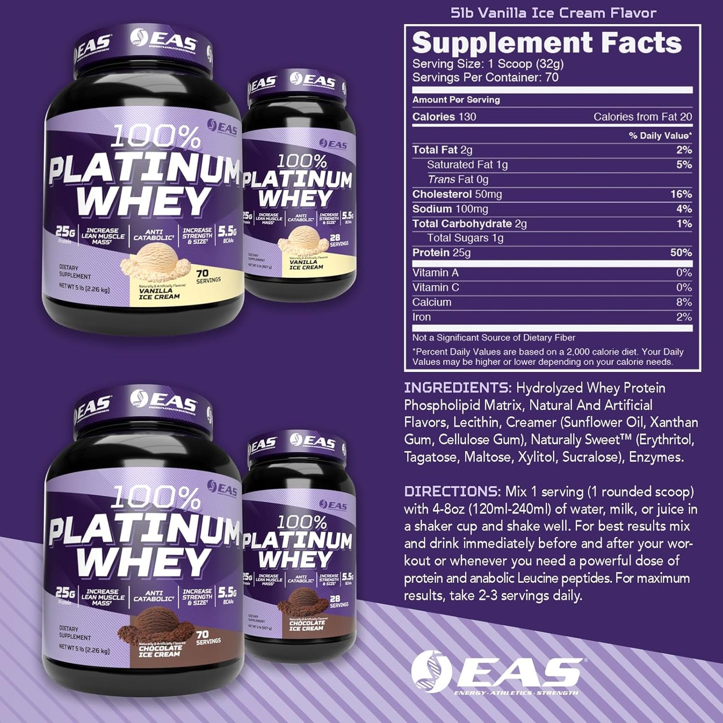 Platinum 100% Whey Protein Blend | 3 Ultra-Platinum Whey Proteins | Vanilla Ice Cream Flavor | 25g Protein, 5.5g BCAAs | 5 lb Size & Strength Formula