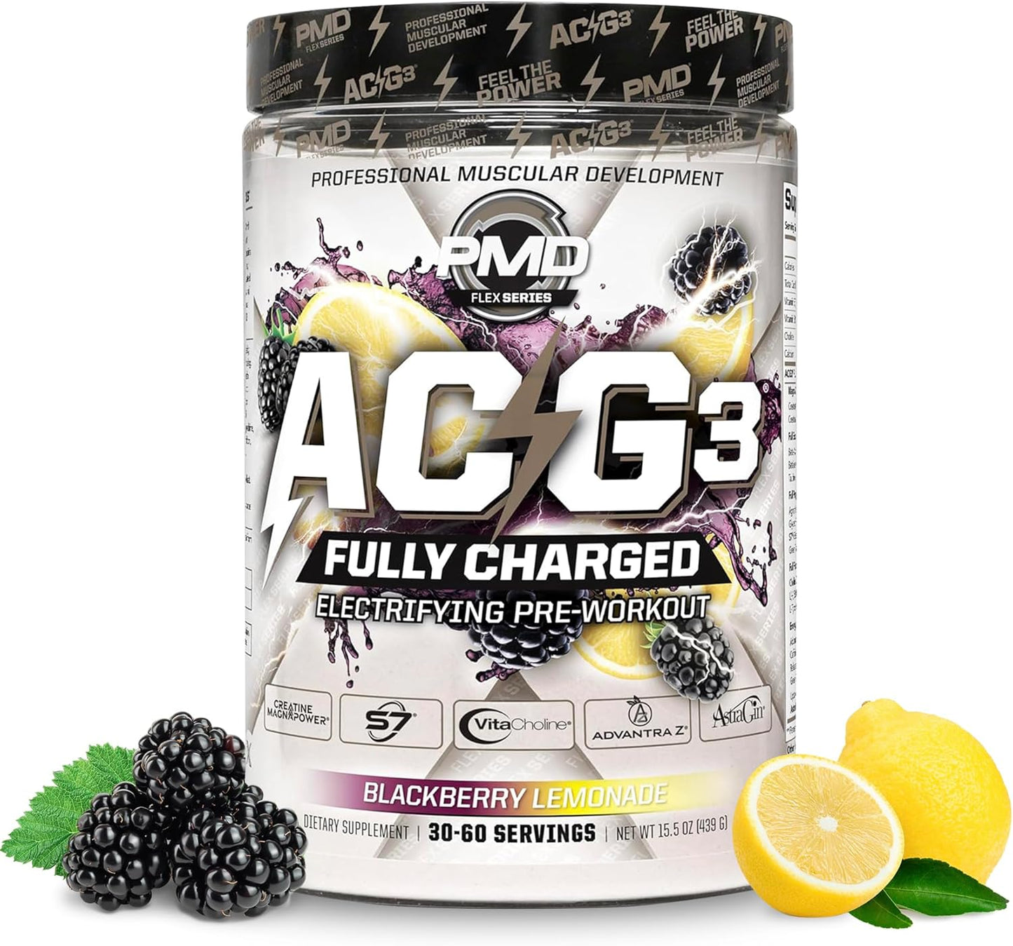 PMD Sports ACG3 Fully Charged Pre Workout Powder - High Energy & Pump for Men and Women - Boost Focus, Endurance & Performance - BlackBerry Lemonade (30-60 Servings)