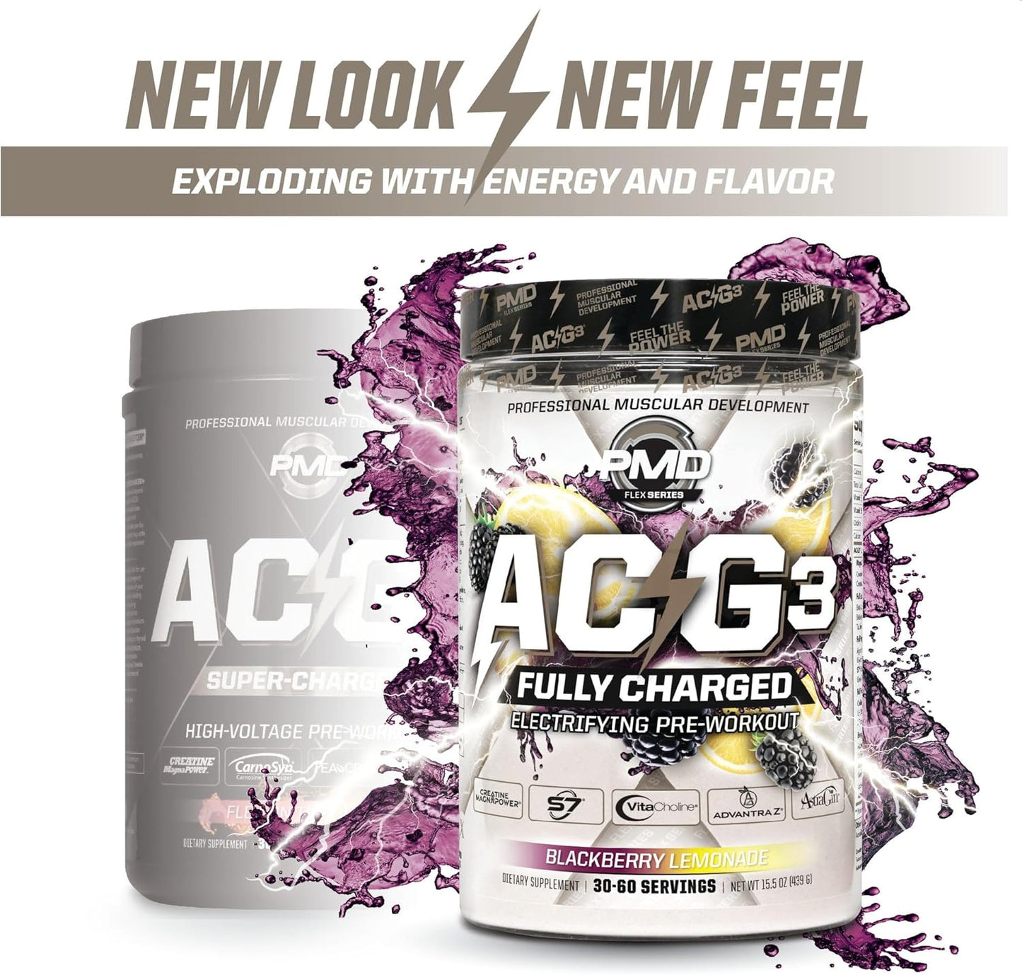 PMD Sports ACG3 Fully Charged Pre Workout Powder - High Energy & Pump for Men and Women - Boost Focus, Endurance & Performance - BlackBerry Lemonade (30-60 Servings)