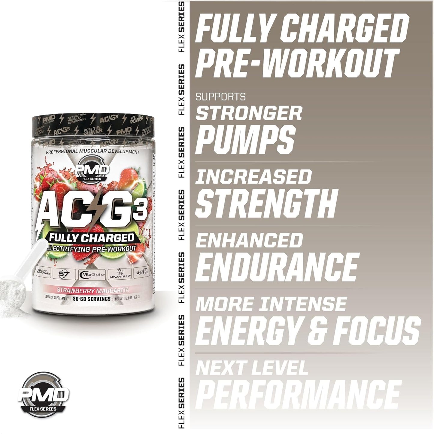 PMD Sports ACG3 Fully Charged Pre Workout Powder - Strawberry Margarita Flavor - High Energy & Pump for Men and Women - Improve Focus, Endurance & Performance - 30-60 Servings