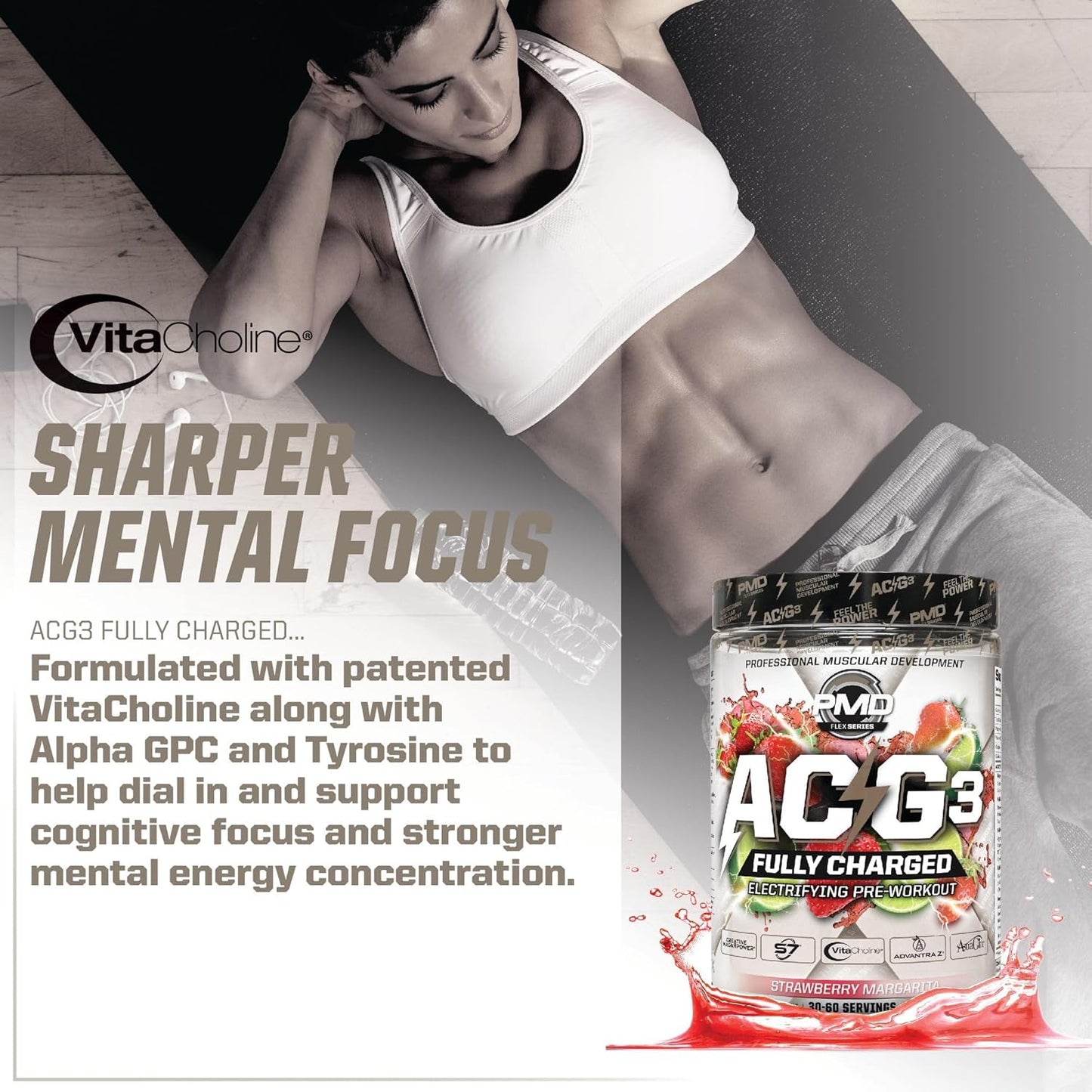 PMD Sports ACG3 Fully Charged Pre Workout Powder - Strawberry Margarita Flavor - High Energy & Pump for Men and Women - Improve Focus, Endurance & Performance - 30-60 Servings