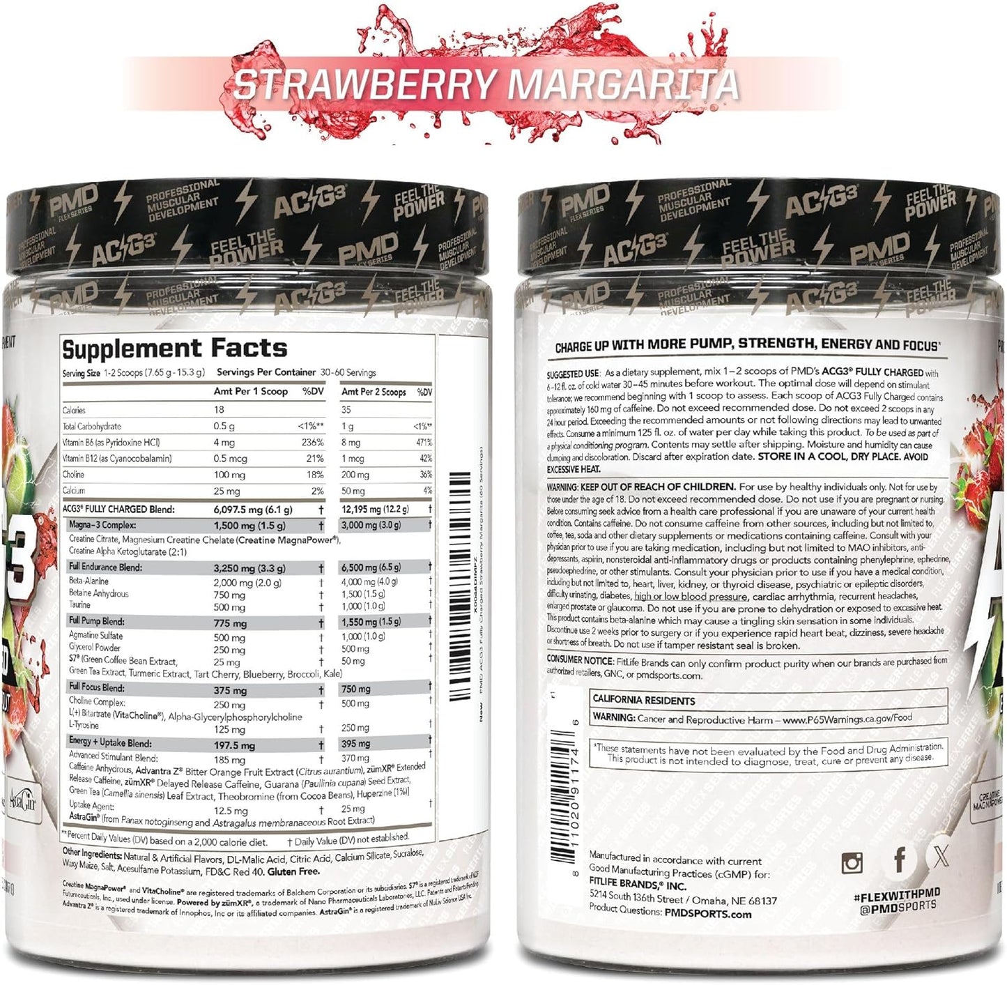 PMD Sports ACG3 Fully Charged Pre Workout Powder - Strawberry Margarita Flavor - High Energy & Pump for Men and Women - Improve Focus, Endurance & Performance - 30-60 Servings