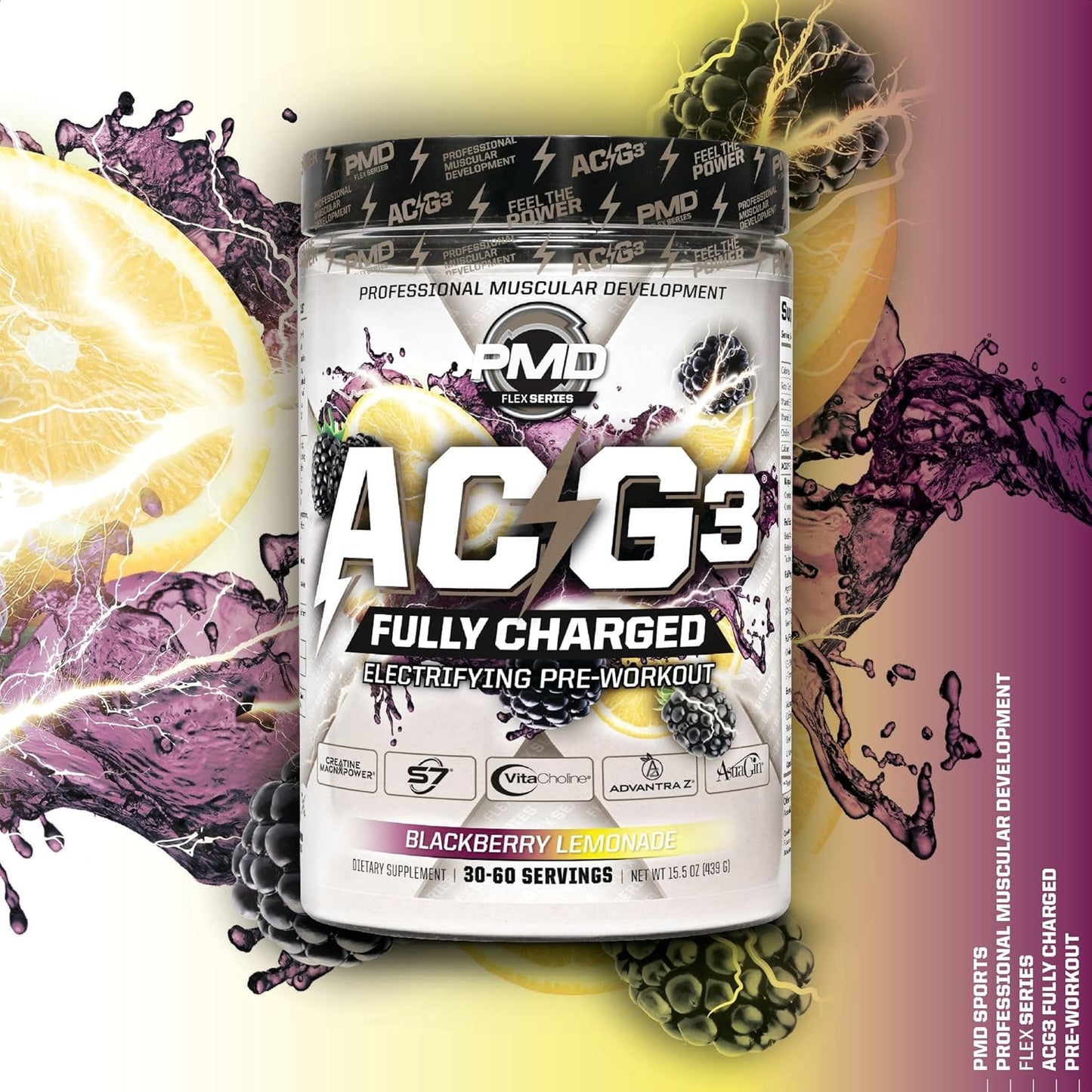 PMD Sports ACG3 Fully Charged Pre Workout Powder - High Energy & Pump for Men and Women - Boost Focus, Endurance & Performance - BlackBerry Lemonade (30-60 Servings)