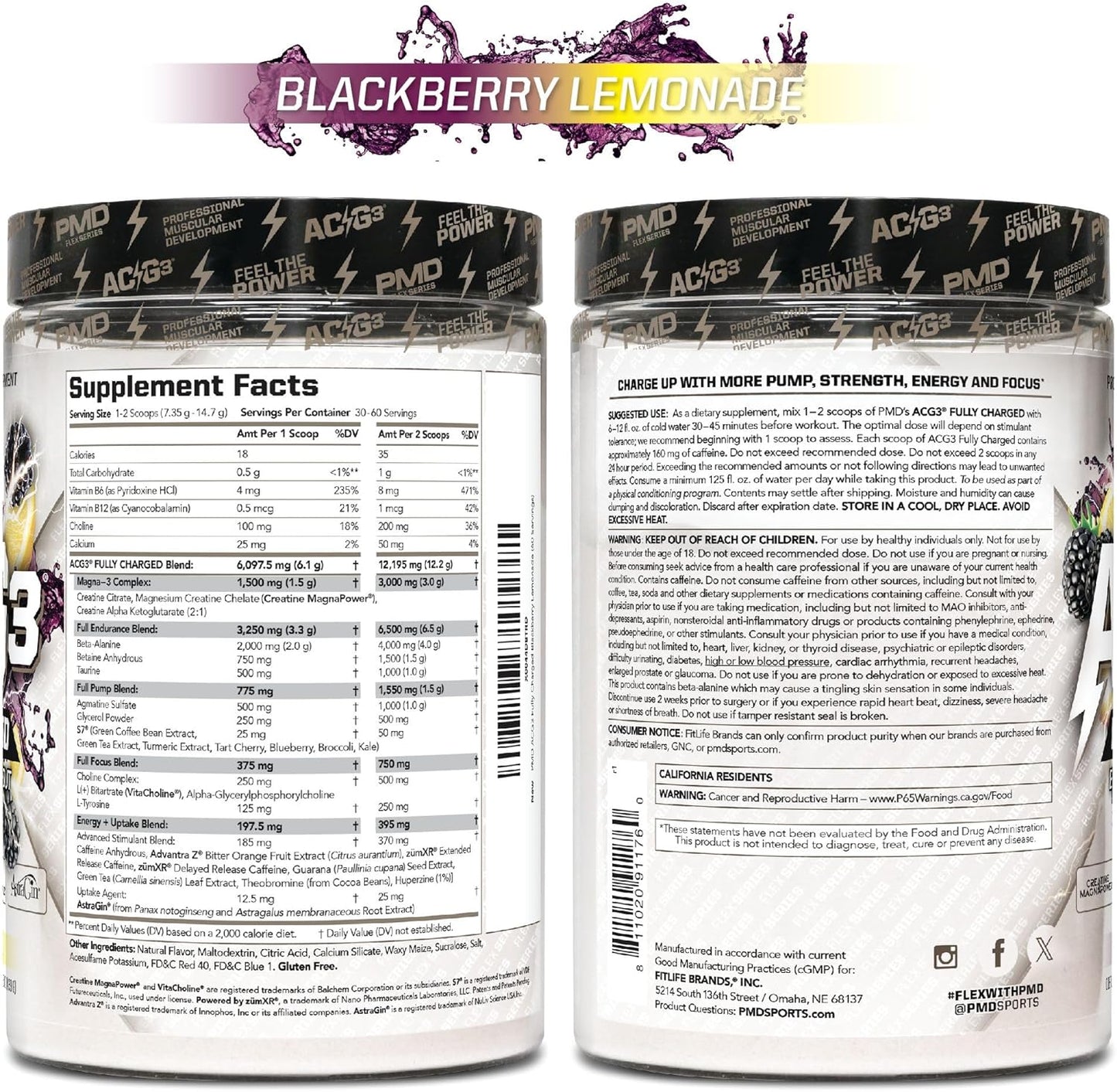 PMD Sports ACG3 Fully Charged Pre Workout Powder - High Energy & Pump for Men and Women - Boost Focus, Endurance & Performance - BlackBerry Lemonade (30-60 Servings)