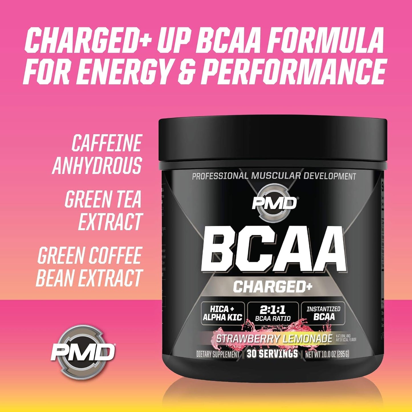 PMD Sports BCAA Charged Amino Acid Drink Mix - Boost Performance, Recovery, Endurance, and Hydration - Strawberry Lemonade - 30 Servings