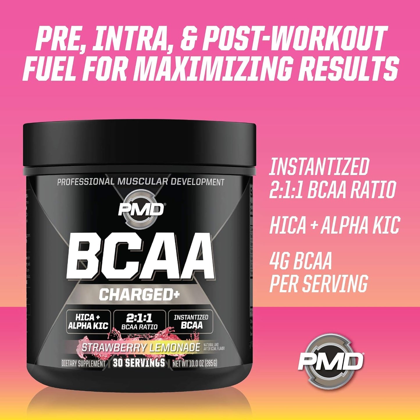 PMD Sports BCAA Charged Amino Acid Drink Mix - Boost Performance, Recovery, Endurance, and Hydration - Strawberry Lemonade - 30 Servings