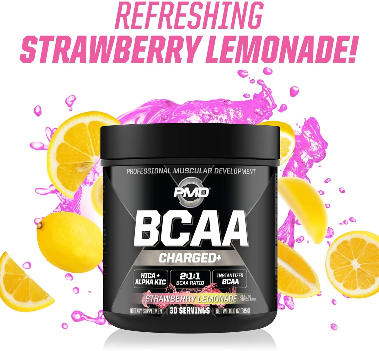 PMD Sports BCAA Charged Amino Acid Drink Mix - Boost Performance, Recovery, Endurance, and Hydration - Strawberry Lemonade - 30 Servings