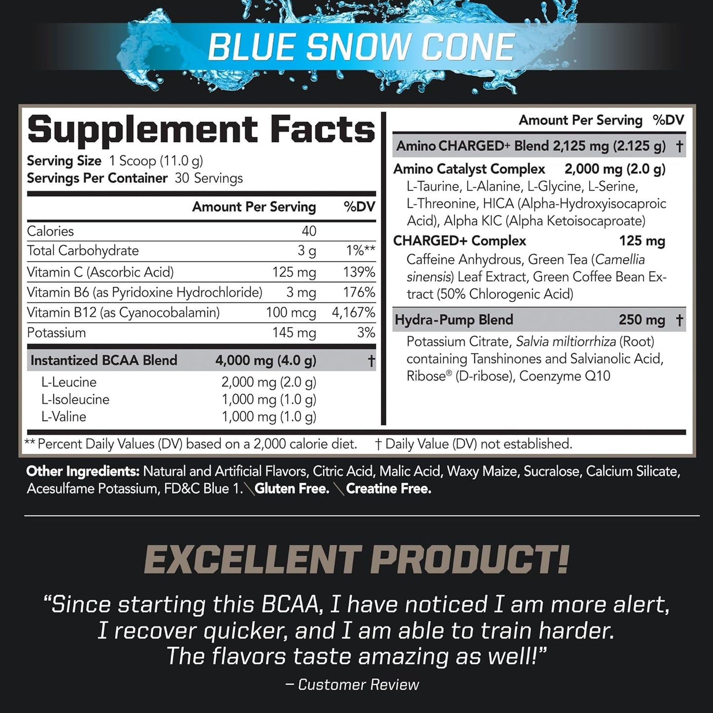 PMD Sports BCAA Charged Amino Acid Drink Mix - Enhance Performance, Recovery, and Hydration - Blue Snow Cone Flavor - 30 Servings