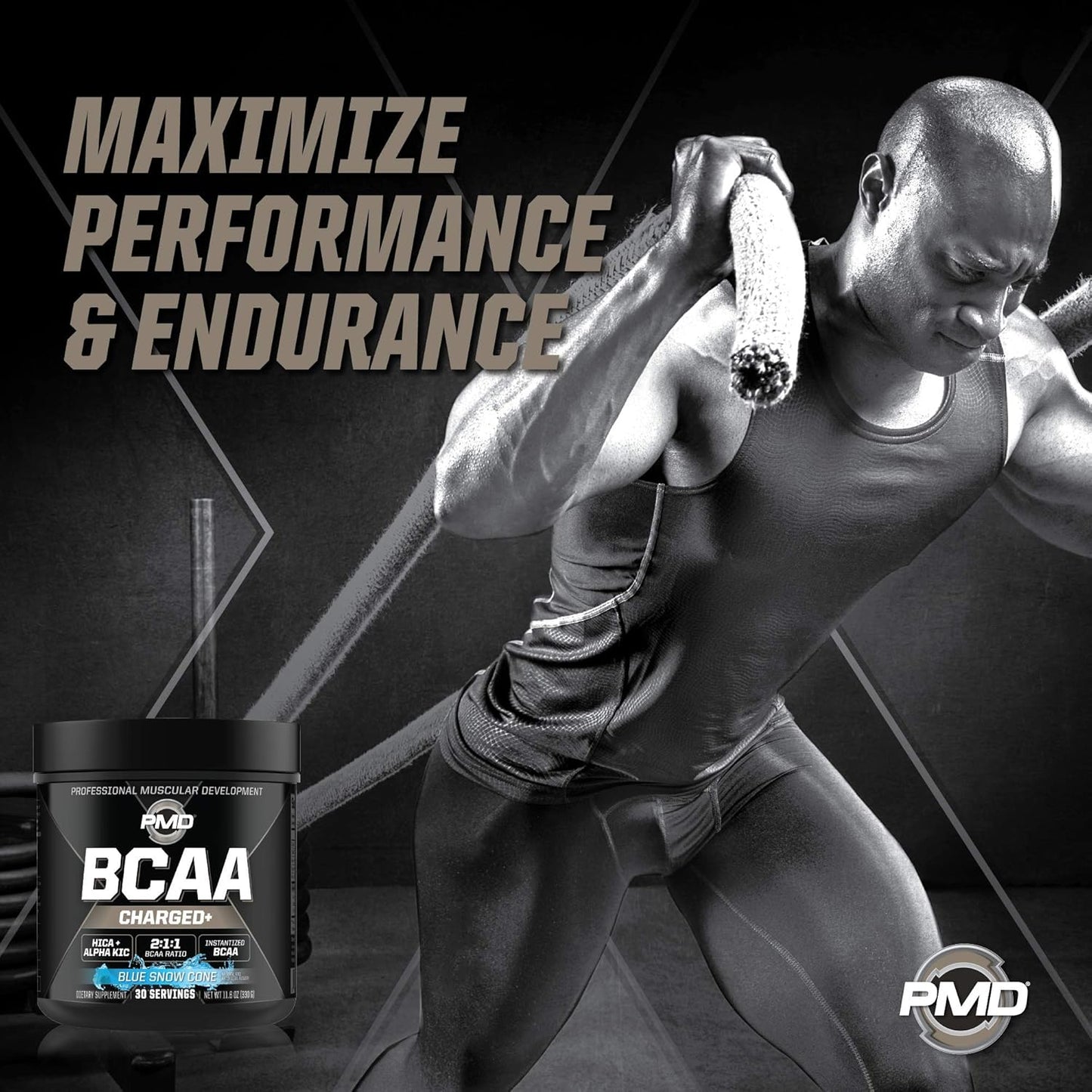 PMD Sports BCAA Charged Amino Acid Drink Mix - Enhance Performance, Recovery, and Hydration - Blue Snow Cone Flavor - 30 Servings