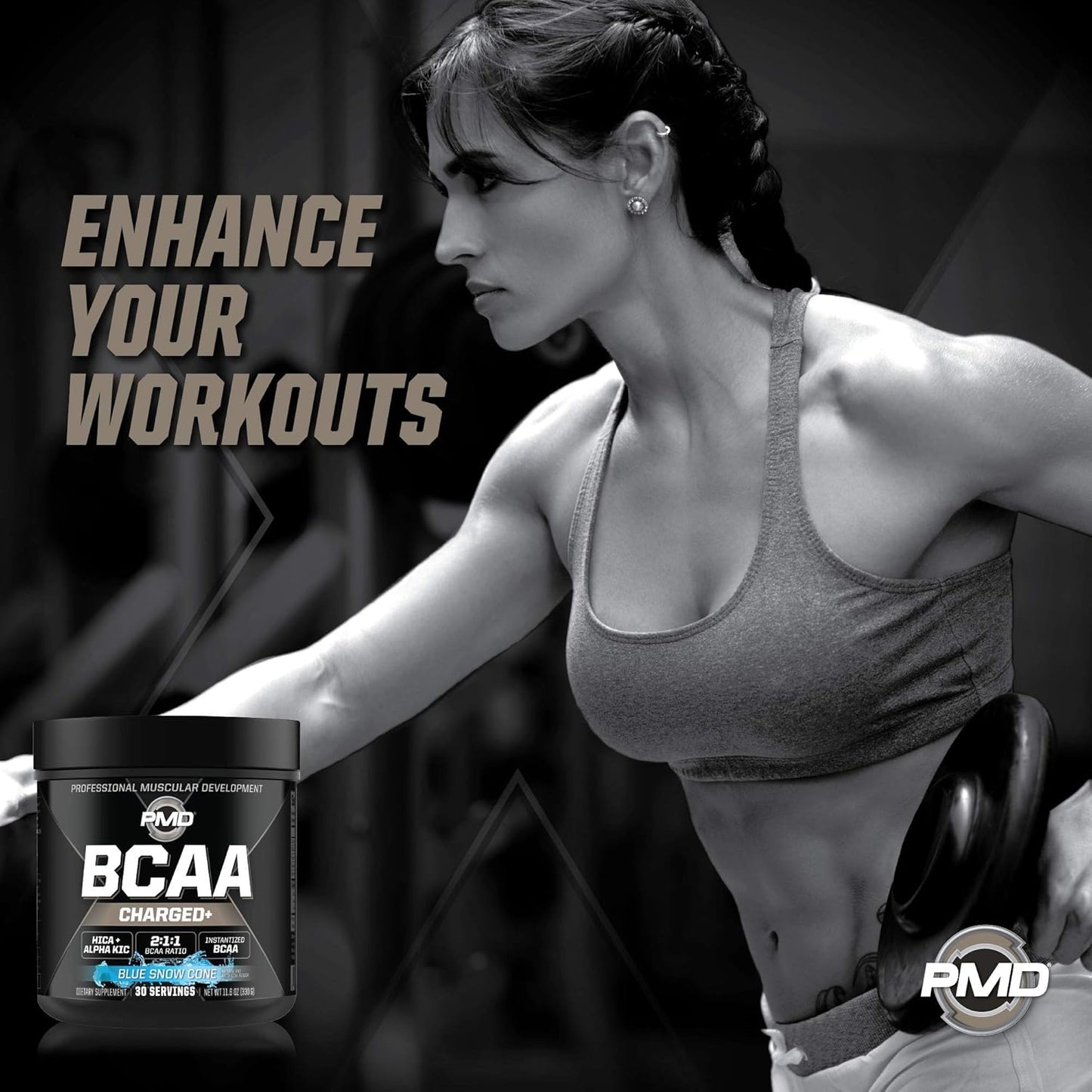 PMD Sports BCAA Charged Amino Acid Drink Mix - Enhance Performance, Recovery, and Hydration - Blue Snow Cone Flavor - 30 Servings