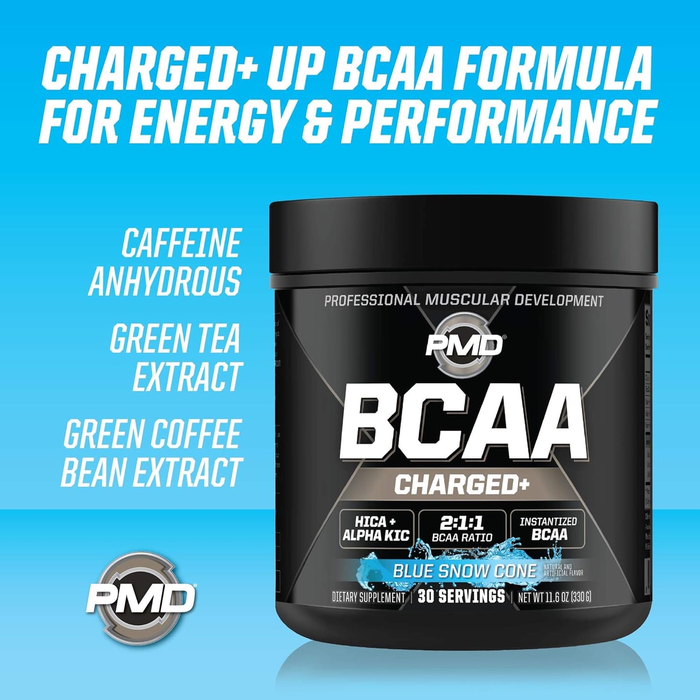 PMD Sports BCAA Charged Amino Acid Drink Mix - Enhance Performance, Recovery, and Hydration - Blue Snow Cone Flavor - 30 Servings