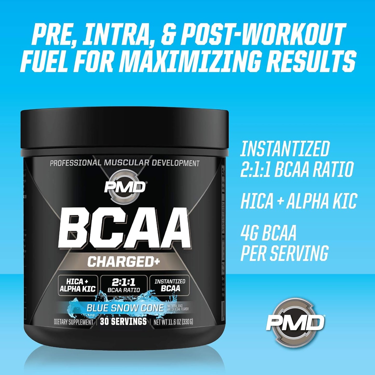 PMD Sports BCAA Charged Amino Acid Drink Mix - Enhance Performance, Recovery, and Hydration - Blue Snow Cone Flavor - 30 Servings