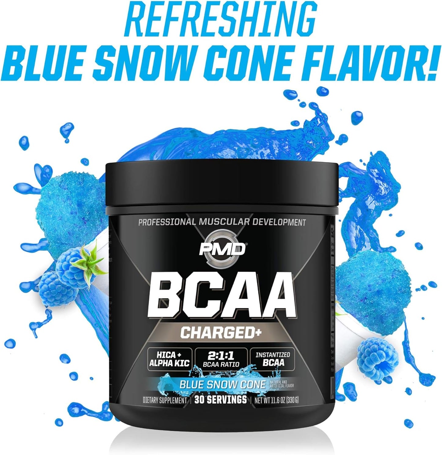 PMD Sports BCAA Charged Amino Acid Drink Mix - Enhance Performance, Recovery, and Hydration - Blue Snow Cone Flavor - 30 Servings