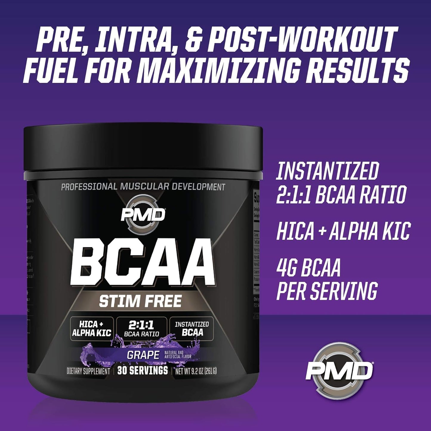 PMD Sports BCAA Grape Powder Drink Mix - Enhance Workouts, Boost Recovery, Increase Energy, Build Muscle - Stim-Free Amino Acids - 30 Servings