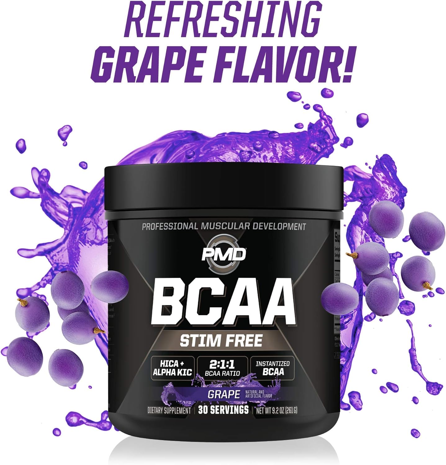 PMD Sports BCAA Grape Powder Drink Mix - Enhance Workouts, Boost Recovery, Increase Energy, Build Muscle - Stim-Free Amino Acids - 30 Servings