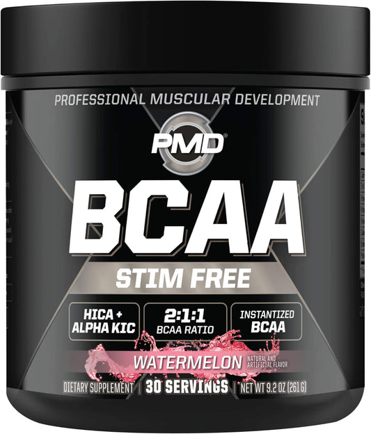 PMD Sports BCAA Powder Drink Mix - Watermelon Flavor, Stim-Free Amino Acids for Improved Workout Performance and Recovery - Muscle Builder and Energy Booster (30 Servings)