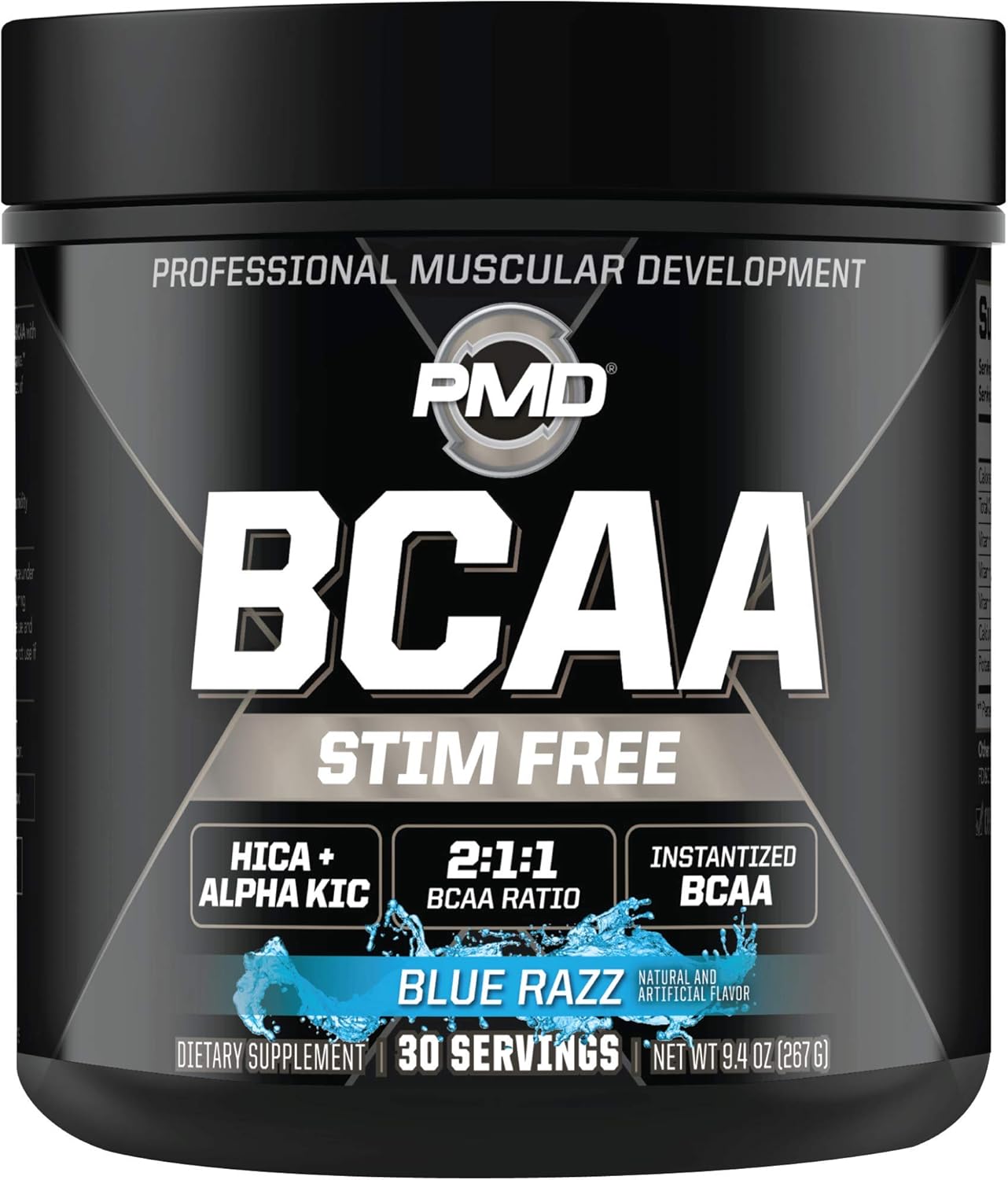 PMD Sports BCAA Stim-Free Amino Acids Powder - Blue Razz Flavor for Improved Workout Performance, Recovery, Energy, Muscle Building, and Preservation - 30 Servings