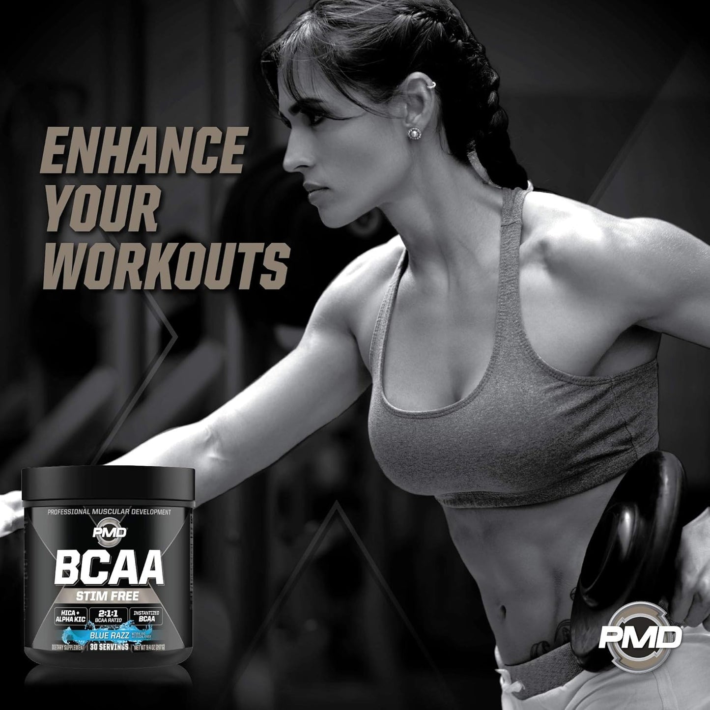 PMD Sports BCAA Stim-Free Amino Acids Powder - Blue Razz Flavor for Improved Workout Performance, Recovery, Energy, Muscle Building, and Preservation - 30 Servings